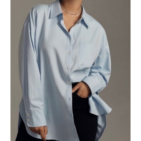 Maeve Anthropologie Pastel Blue Oversized Cotton Pocket Button Down Shirt Medium - Picture 14 of 14